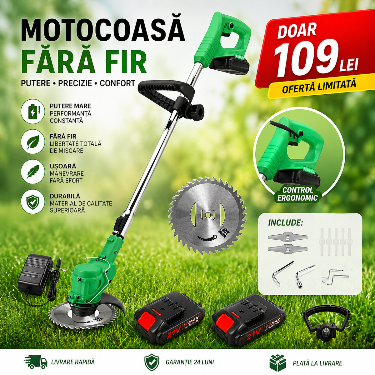 Motocoasa Electrica, Kit Complet cu 2 Acumulatori 48V inclusi