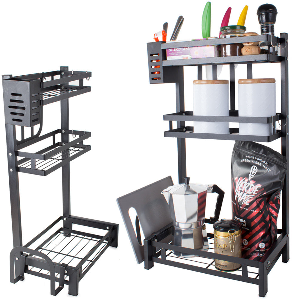 Organizator bucatarie 3 niveluri, suport condimente si accesorii, 38.5x21x60 cm, Metal, Negru