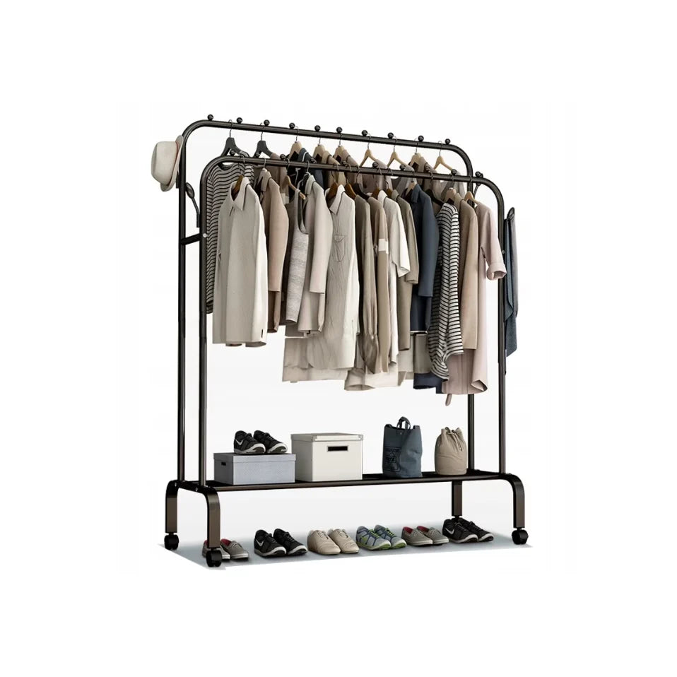 Stender Haine Metalic Negru, Suport Haine cu Raft Pantofi si 4 Carlige, 110x150x57 cm, Otel Rezistent, DMV Solux