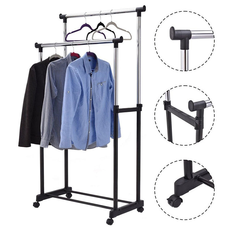 Suport Dublu Haine Reglabil pe Roți – Stender Metalic Extensibil, Capacitate 30 kg, Bază Mobilă