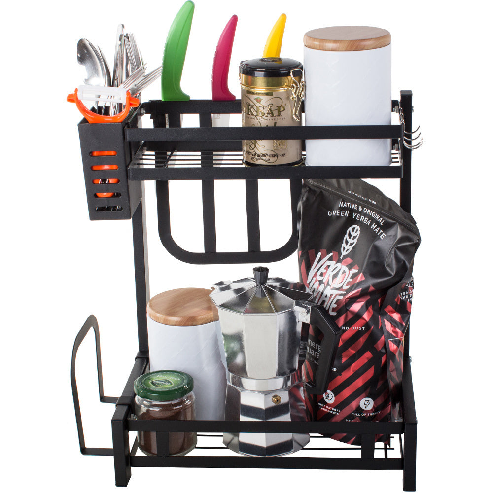 Organizator bucatarie 2 niveluri, suport condimente si accesorii, Metal, Negru
