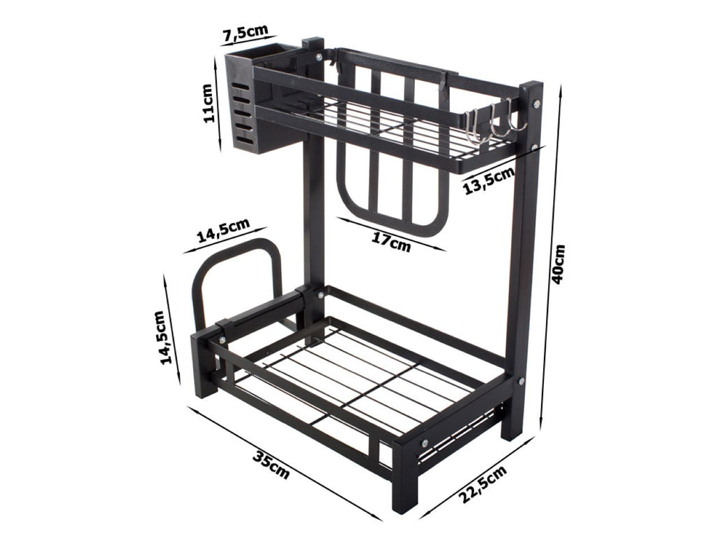 Organizator bucatarie 2 niveluri, suport condimente si accesorii, Metal, Negru