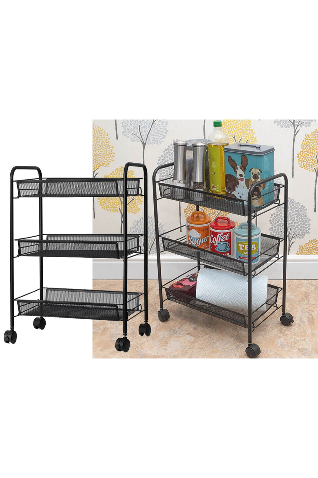 Cărucior Metalic Negru pentru Fructe și Legume - 3 Coșuri Ventilate, Mobil pe Roți (64x44x27 cm)