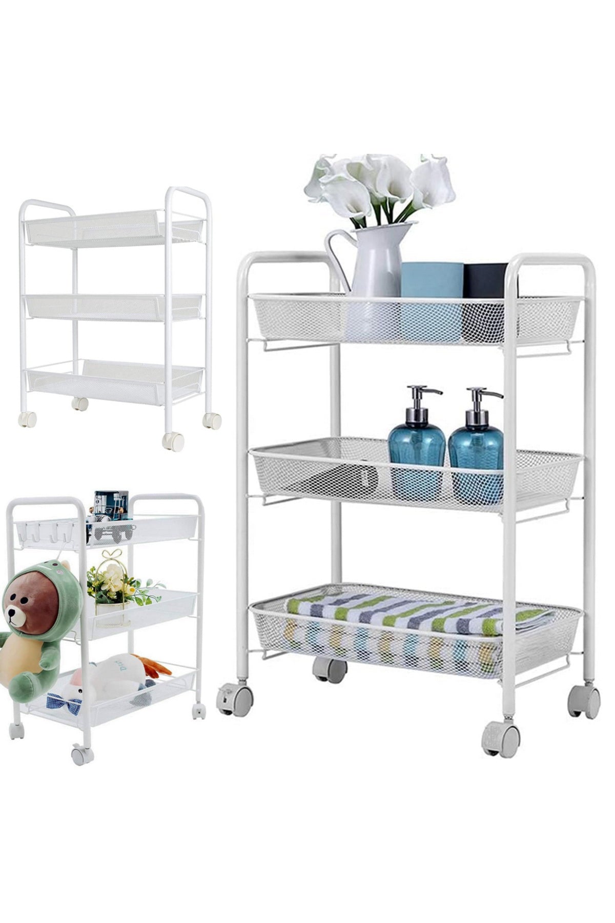 Cărucior Metalic Alb pentru Fructe și Legume - 3 Coșuri Ventilate, Mobil pe Roți (64x44x27 cm)