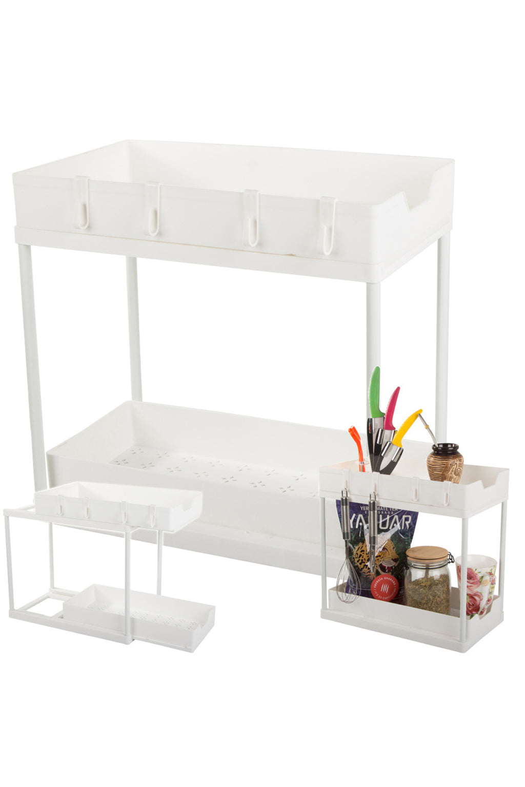 Raft Bucatarie cu 2 Niveluri, Glisabil, Carlige Incluse, Usor de Asamblat, din Plastic, 40x36x22cm