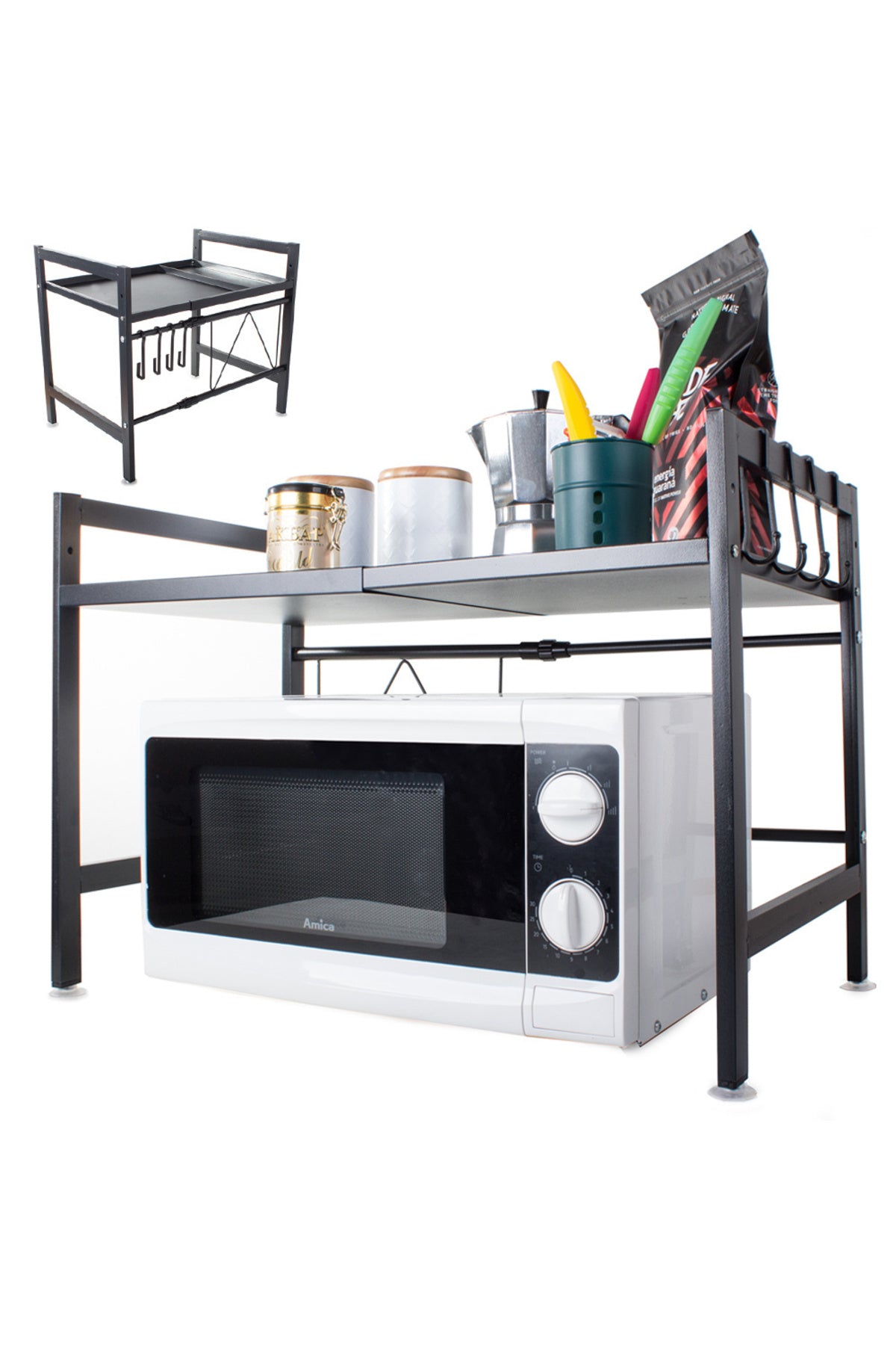 Suport Cuptor pentru Microunde, Raft Reglabil, Negru, Otel Inoxidabil, 4 Carlige