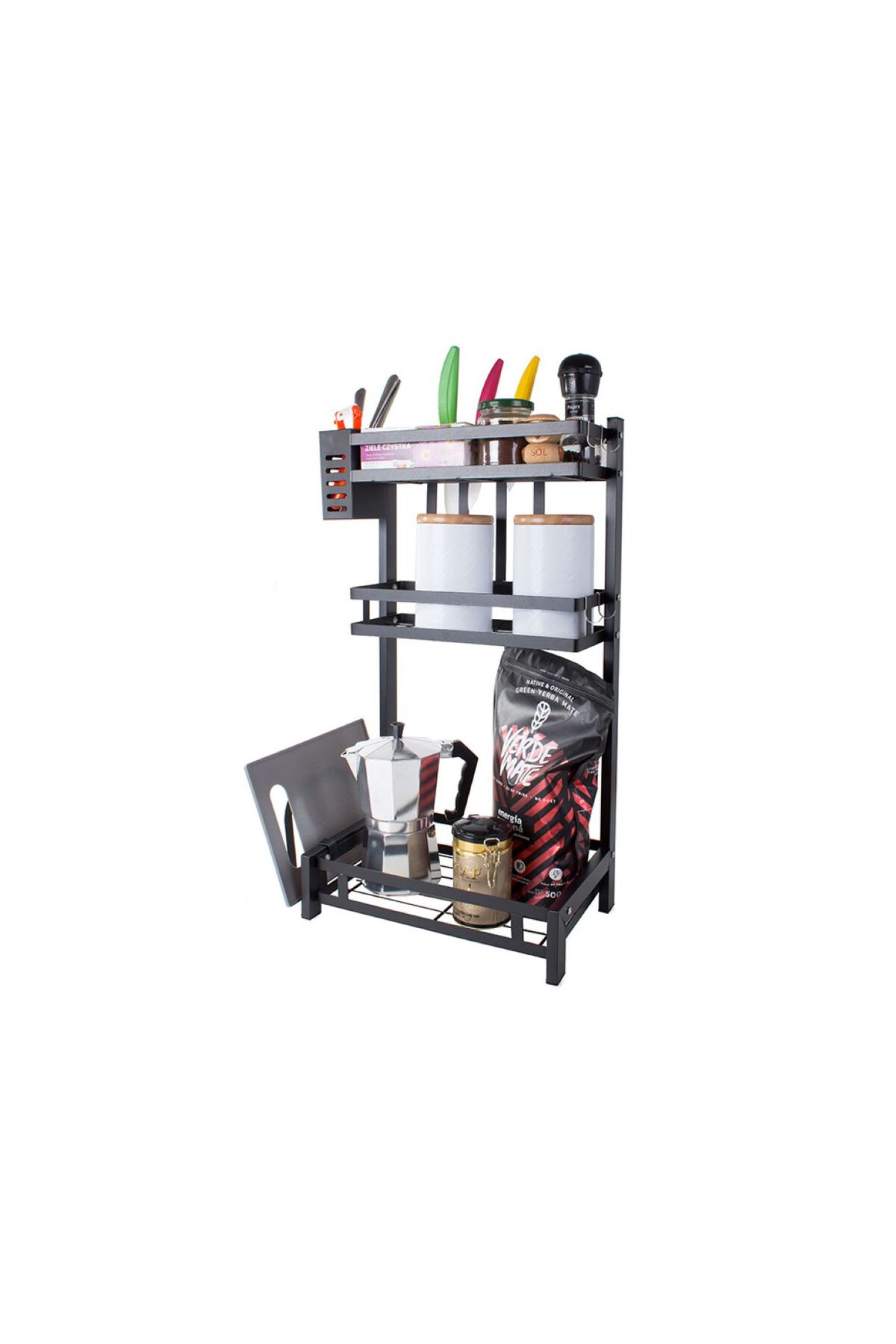Organizator bucatarie 3 niveluri, suport condimente si accesorii, 38.5x21x60 cm, Metal, Negru