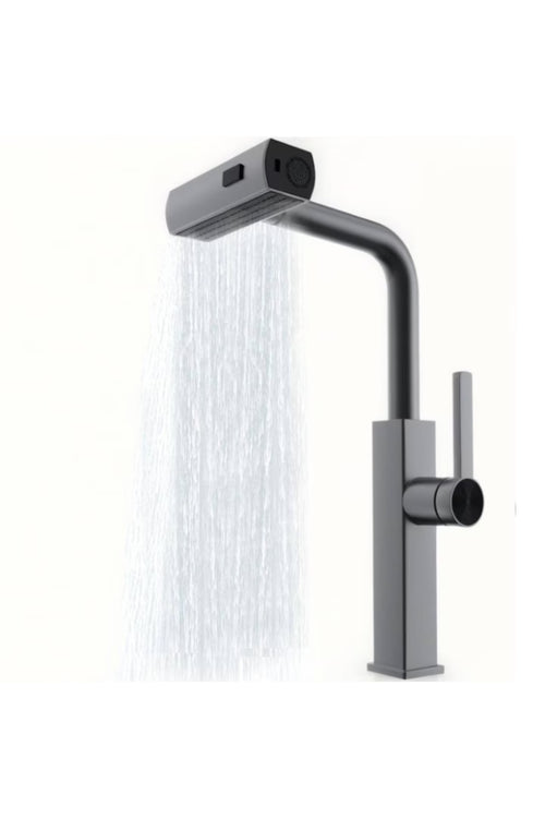 Baterie Bucătărie Cascadă „Rainfall” – Inox 304, Duș Extractibil & 3 Moduri de Jet (Gri Modern)