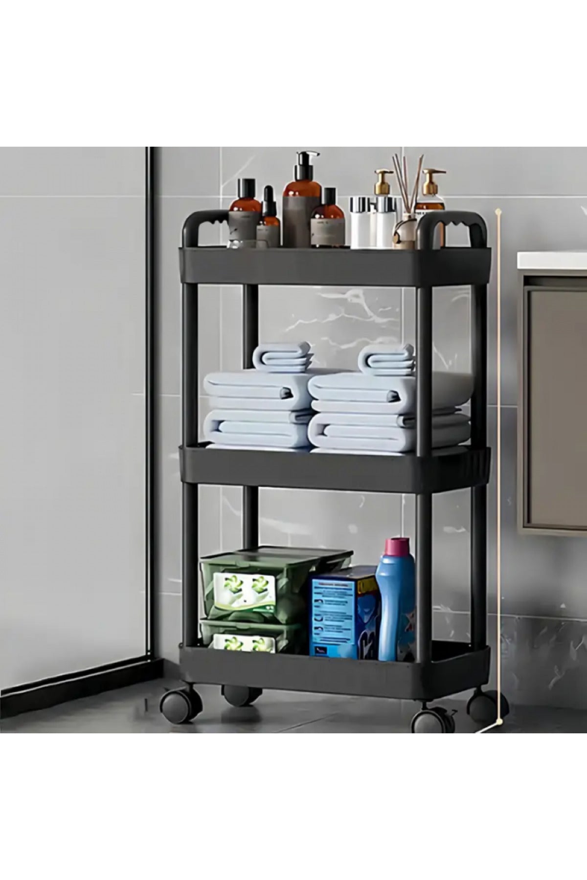 Versatile 3-Tier Rolling Cart with Wheels, Plastic, Black