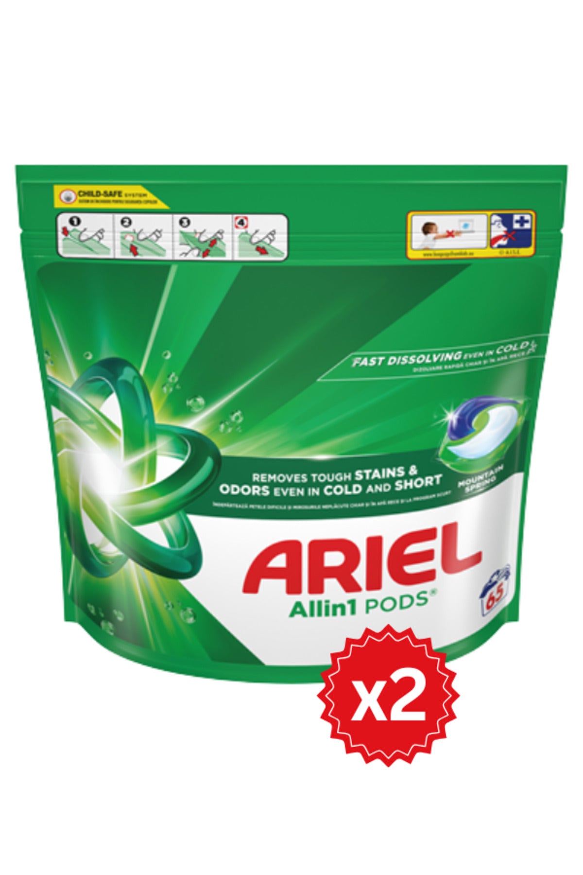 Detergent Capsule Ariel 3 in 1 Pods Mountain Spring, Pachet Economic cu 130 Spalari (Set format din 2 Pachete de cate 65 Capsule fiecare)