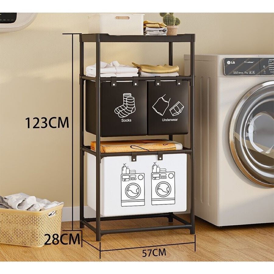 Cos Rufe Metalic Etajat, 3 Nivele si 4 Sectiuni Detasabile,, 57x28x123 cm, Design Modern pentru Baie si Dressing, Negru Mat