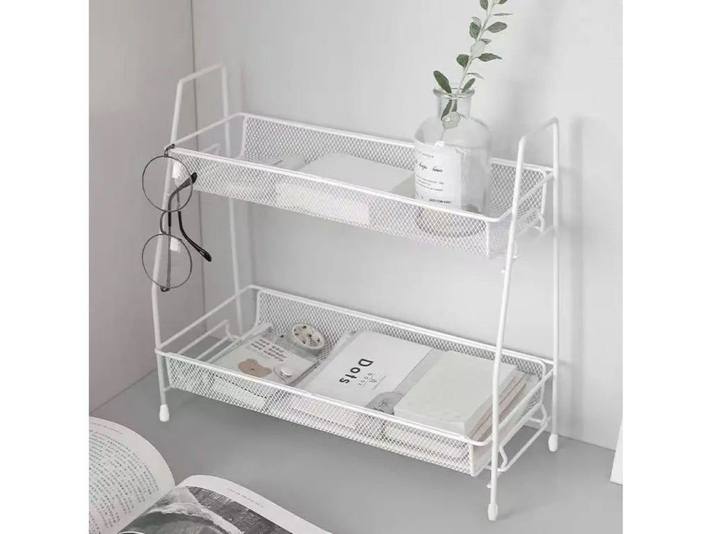 Suport organizator de bucatarie cu 2 rafturi metalice loft pentru condimente si accesorii, alb