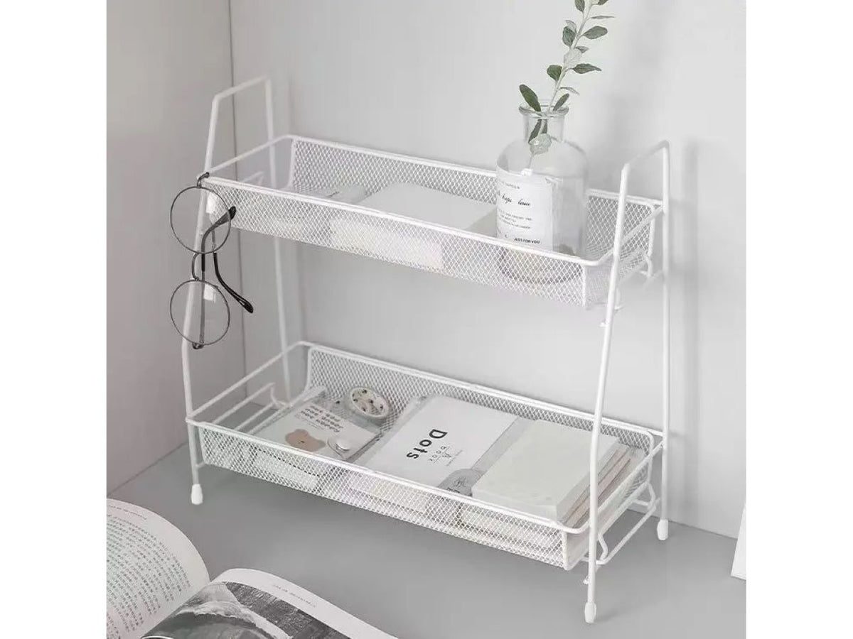 Suport organizator de bucatarie cu 2 rafturi metalice loft pentru condimente si accesorii, alb