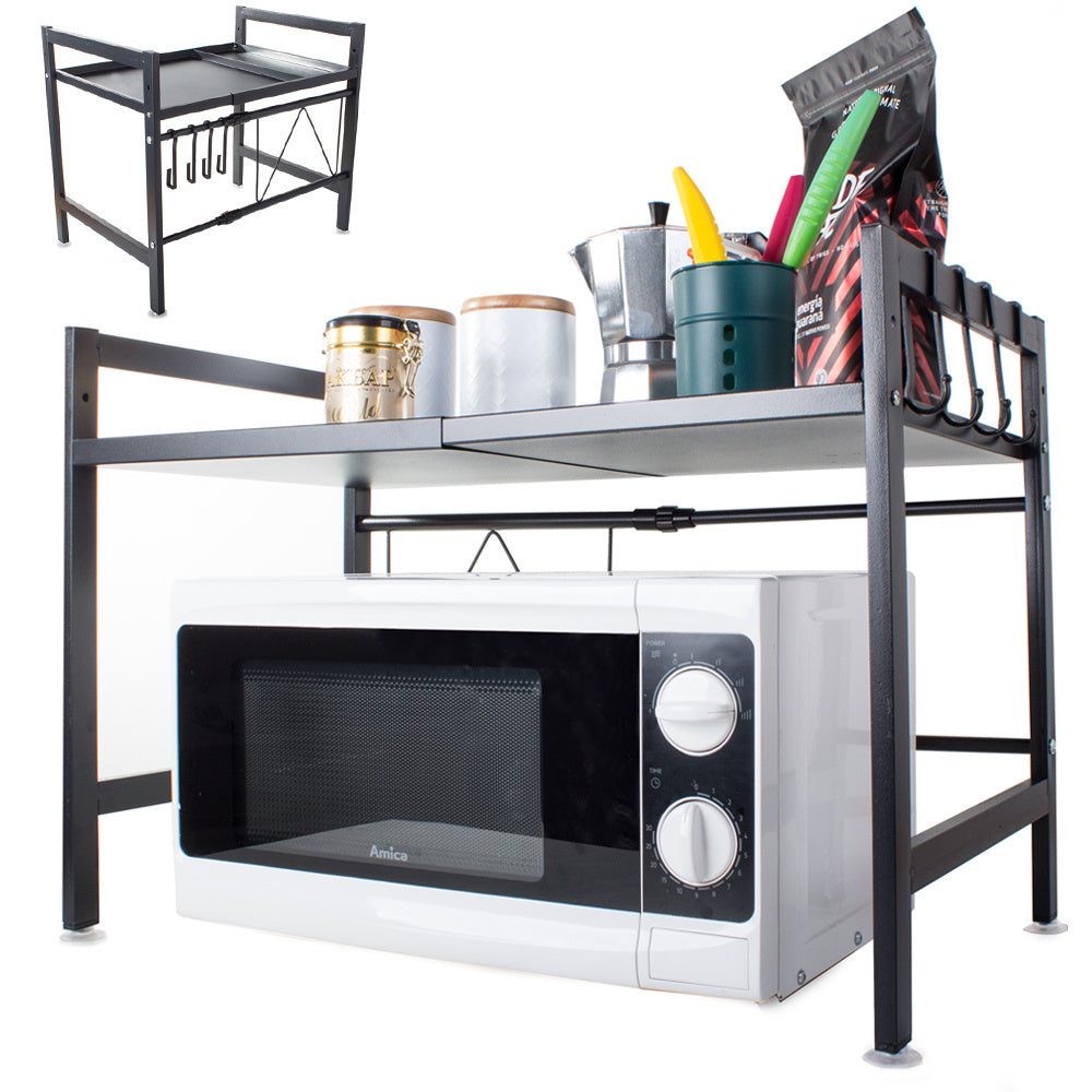 Suport Cuptor pentru Microunde, Raft Reglabil, Negru, Otel Inoxidabil, 4 Carlige