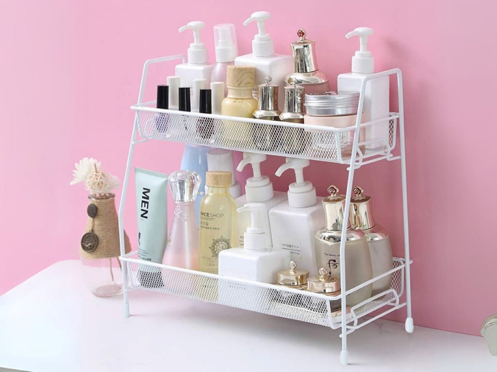 Suport organizator de bucatarie cu 2 rafturi metalice loft pentru condimente si accesorii, alb