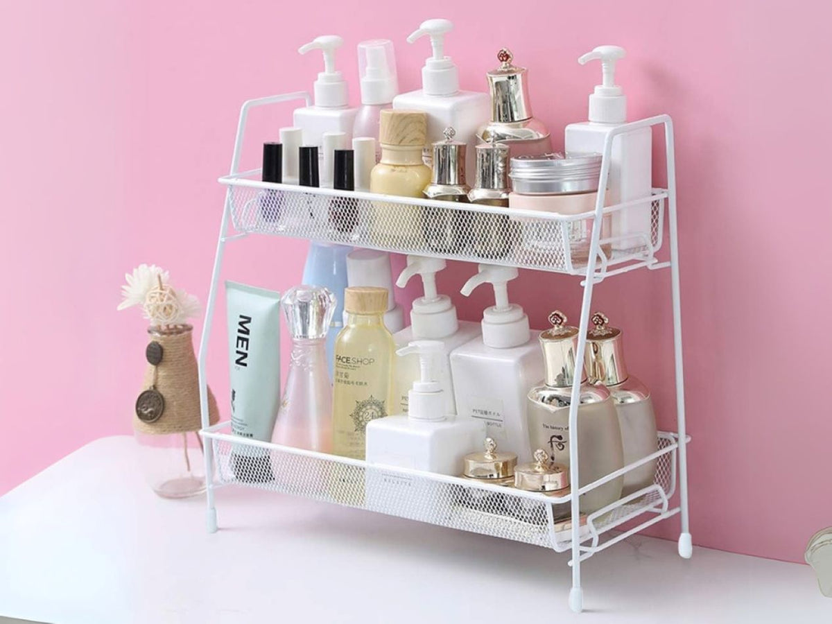 Suport organizator de bucatarie cu 2 rafturi metalice loft pentru condimente si accesorii, alb