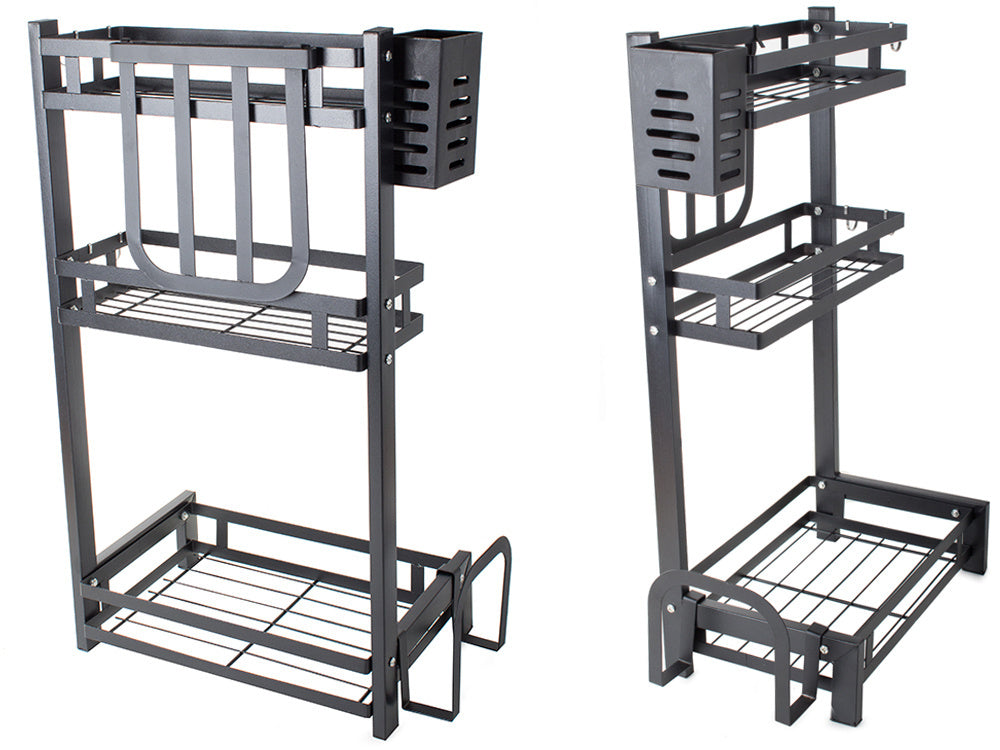 Organizator bucatarie 3 niveluri, suport condimente si accesorii, 38.5x21x60 cm, Metal, Negru