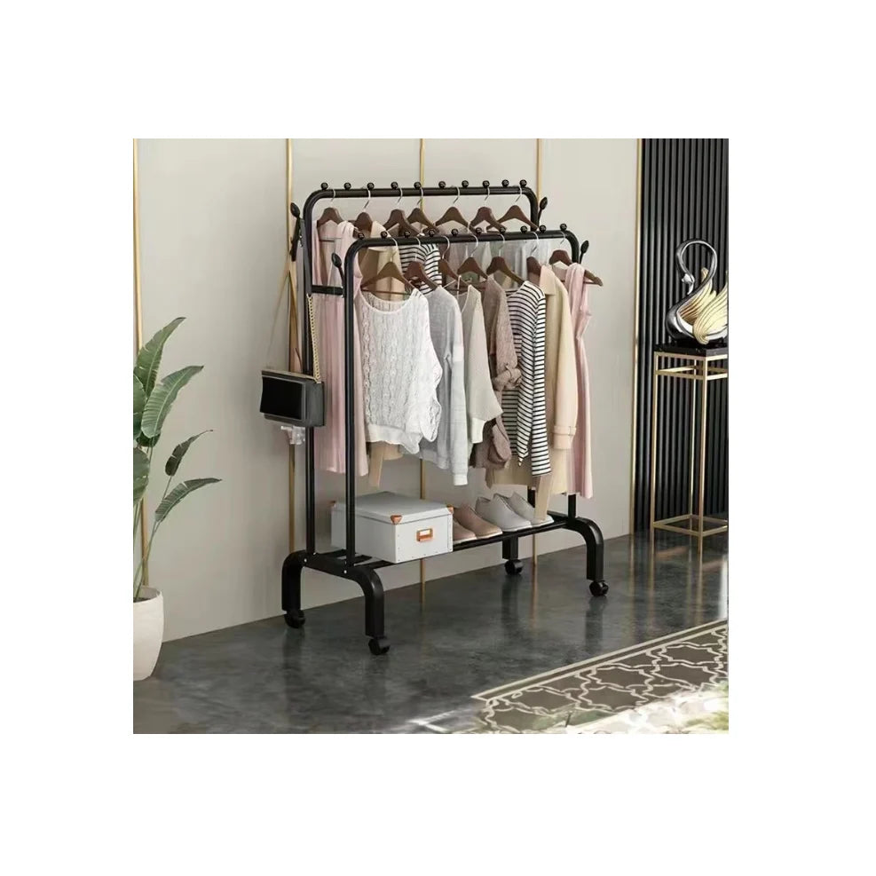 Stender Haine Metalic Negru, Suport Haine cu Raft Pantofi si 4 Carlige, 110x150x57 cm, Otel Rezistent, DMV Solux