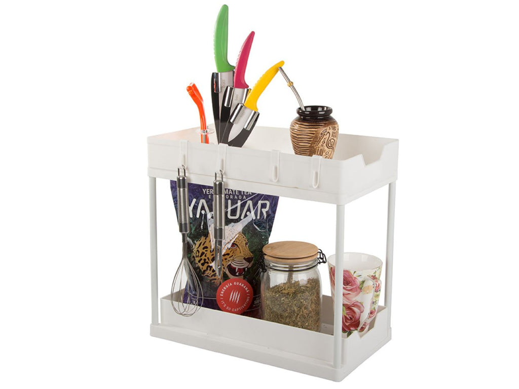 Raft Bucatarie cu 2 Niveluri, Glisabil, Carlige Incluse, Usor de Asamblat, din Plastic, 40x36x22cm