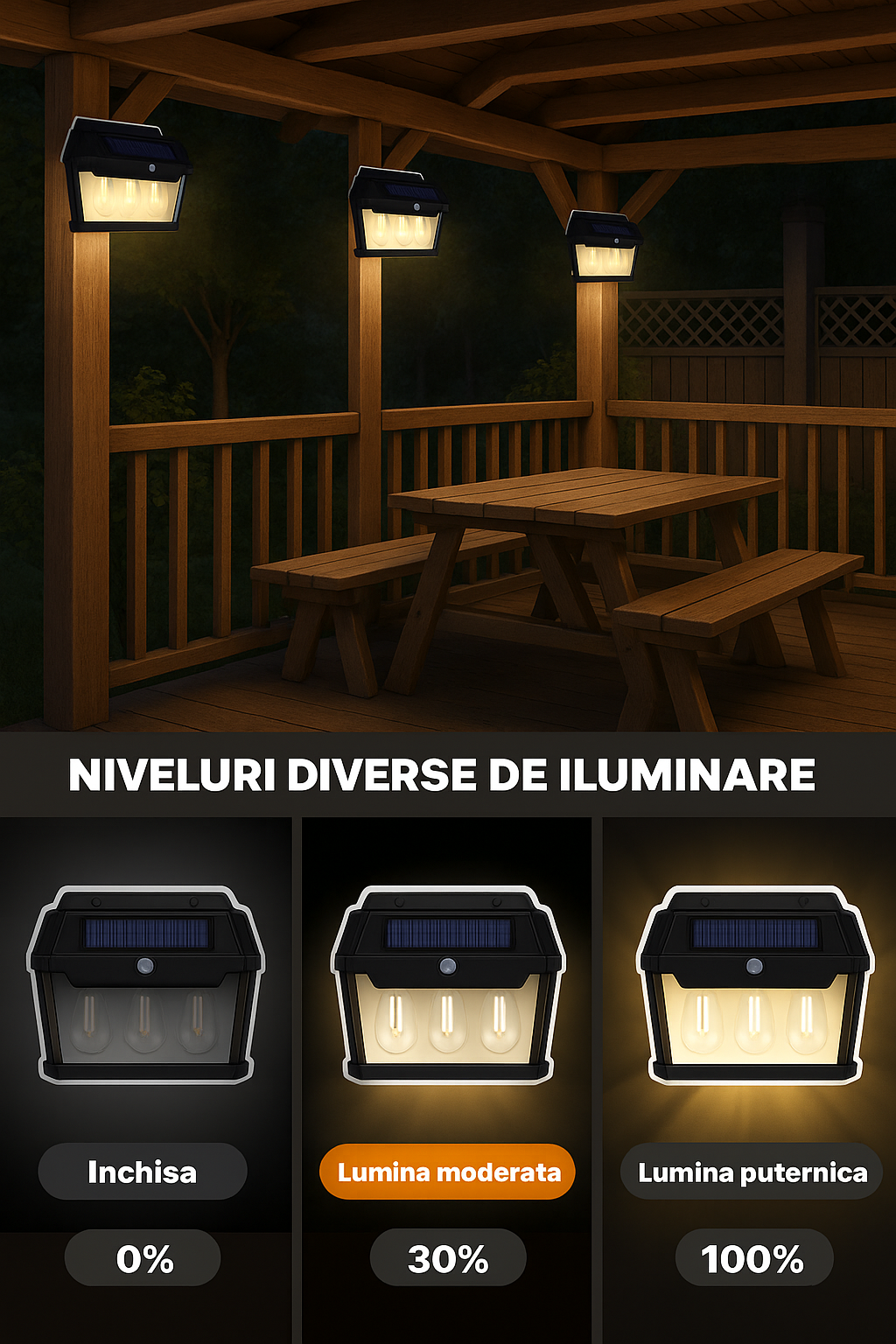 Lampă Exterior Solară 38W – Flux 600lm, Senzor Mișcare, Lumină Reglabilă