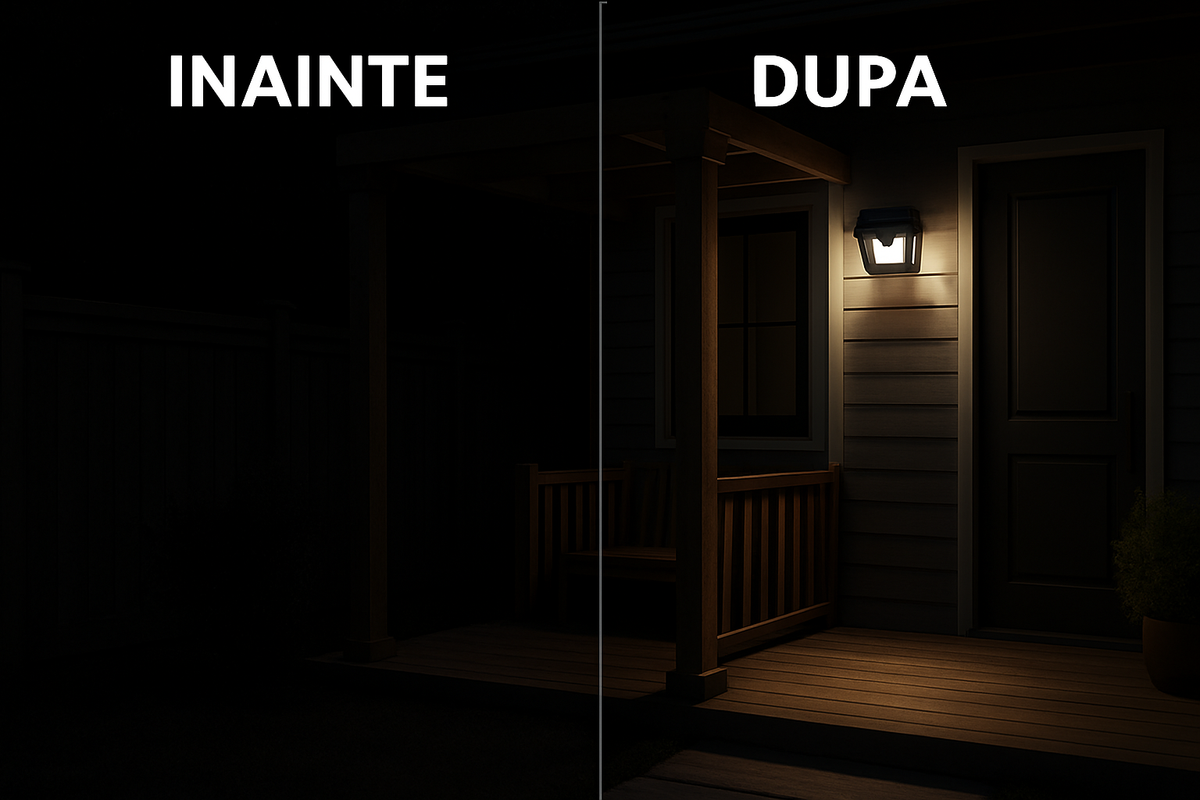 Lampă Exterior Solară 38W – Flux 600lm, Senzor Mișcare, Lumină Reglabilă