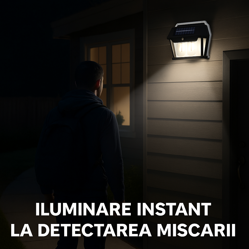Lampă Exterior Solară 38W – Flux 600lm, Senzor Mișcare, Lumină Reglabilă