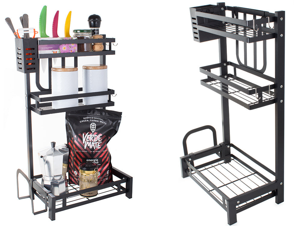 Organizator bucatarie 3 niveluri, suport condimente si accesorii, 38.5x21x60 cm, Metal, Negru