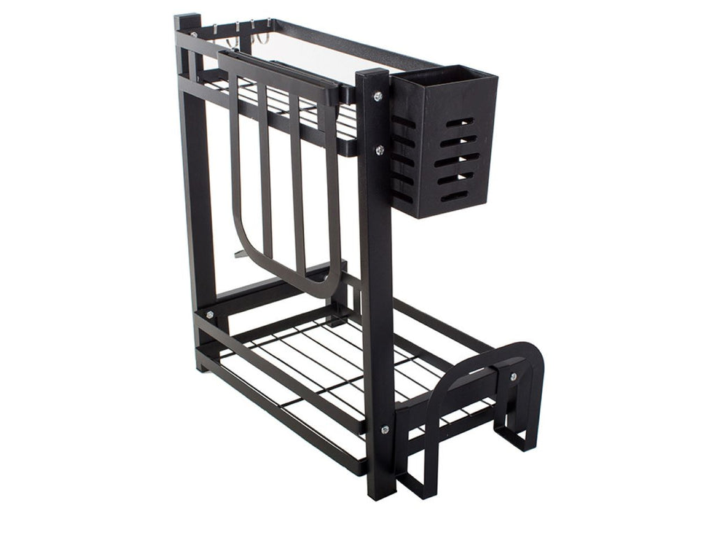 Organizator bucatarie 2 niveluri, suport condimente si accesorii, Metal, Negru