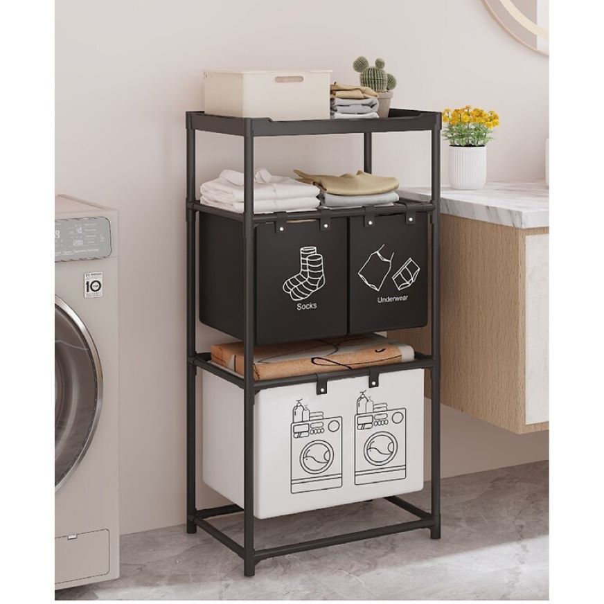 Cos Rufe Metalic Etajat, 3 Nivele si 4 Sectiuni Detasabile,, 57x28x123 cm, Design Modern pentru Baie si Dressing, Negru Mat