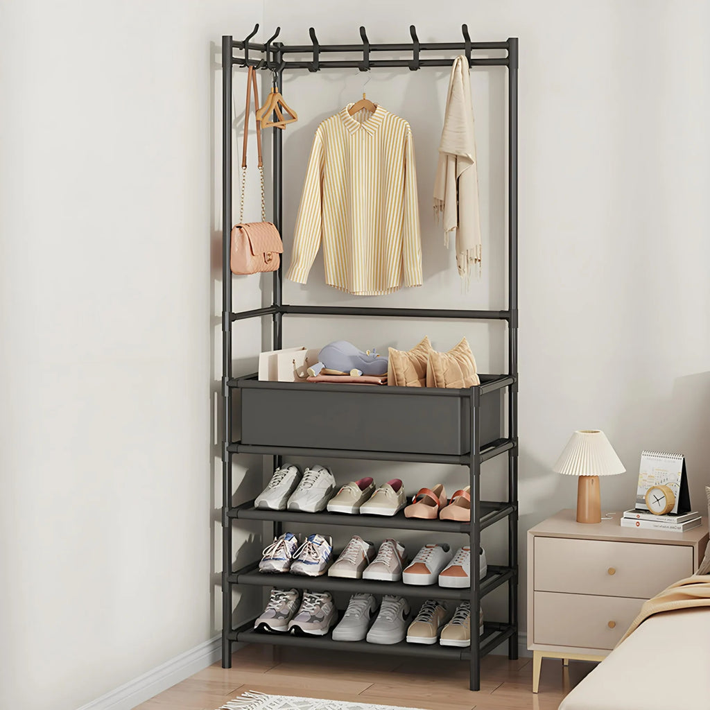 Cuier Metalic cu 4 Polite, 60x28x154 cm, Otel Negru