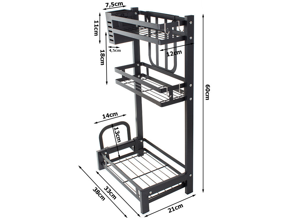 Organizator bucatarie 3 niveluri, suport condimente si accesorii, 38.5x21x60 cm, Metal, Negru