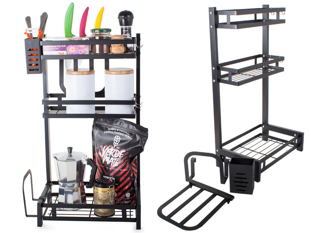 Organizator bucatarie 3 niveluri, suport condimente si accesorii, 38.5x21x60 cm, Metal, Negru
