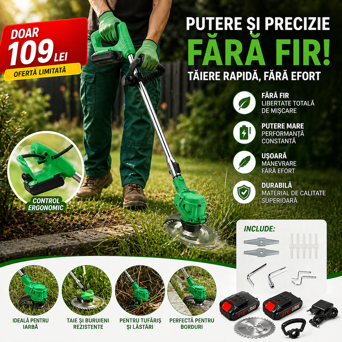 Motocoasa Electrica, Kit Complet cu 2 Acumulatori 48V inclusi