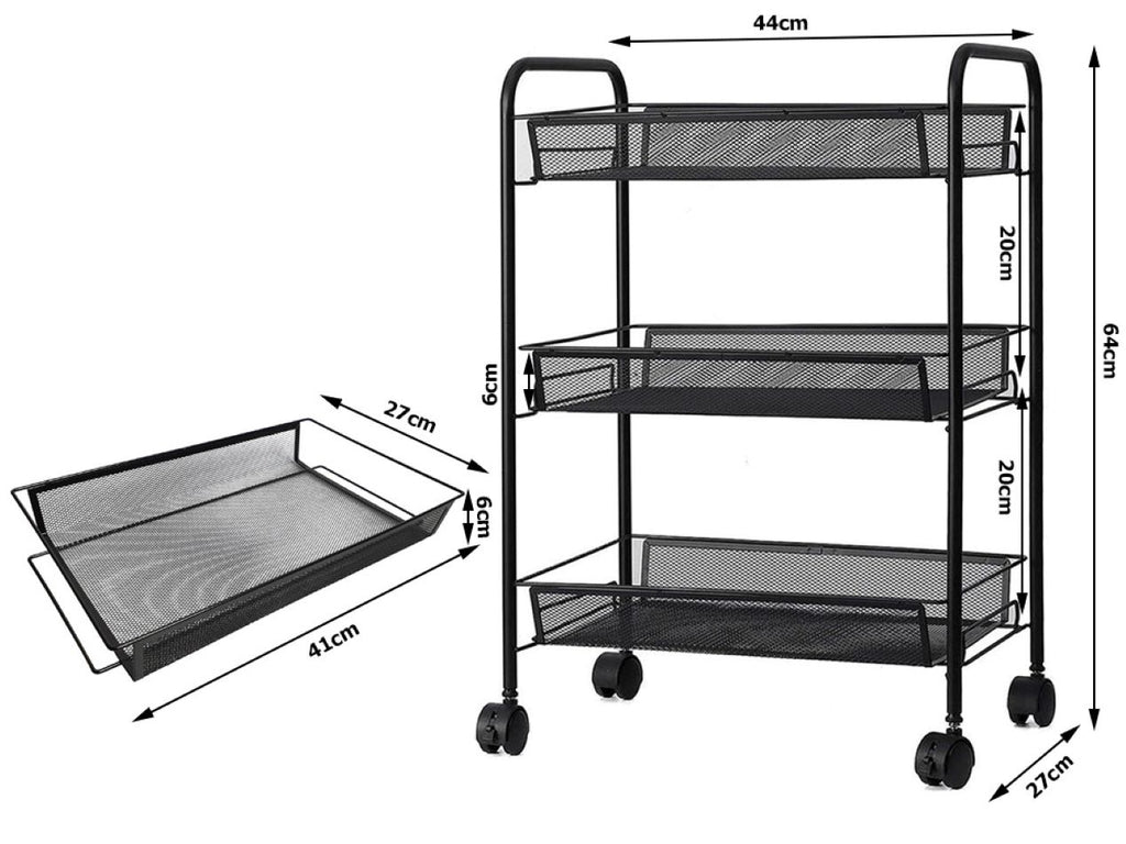 Cărucior Metalic Negru pentru Fructe și Legume - 3 Coșuri Ventilate, Mobil pe Roți (64x44x27 cm)