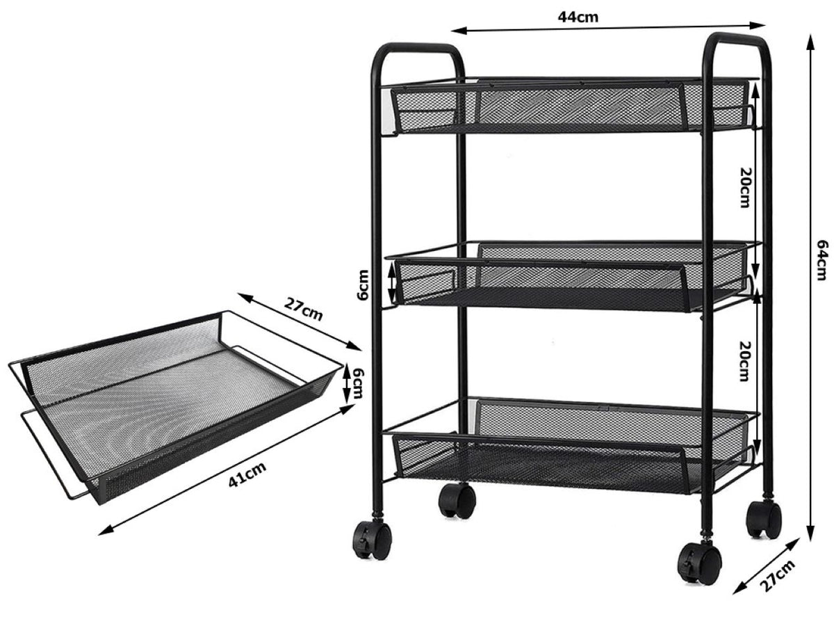 Cărucior Metalic Negru pentru Fructe și Legume - 3 Coșuri Ventilate, Mobil pe Roți (64x44x27 cm)
