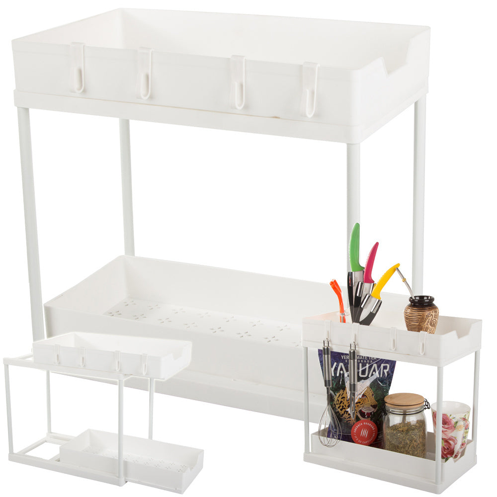 Raft Bucatarie cu 2 Niveluri, Glisabil, Carlige Incluse, Usor de Asamblat, din Plastic, 40x36x22cm