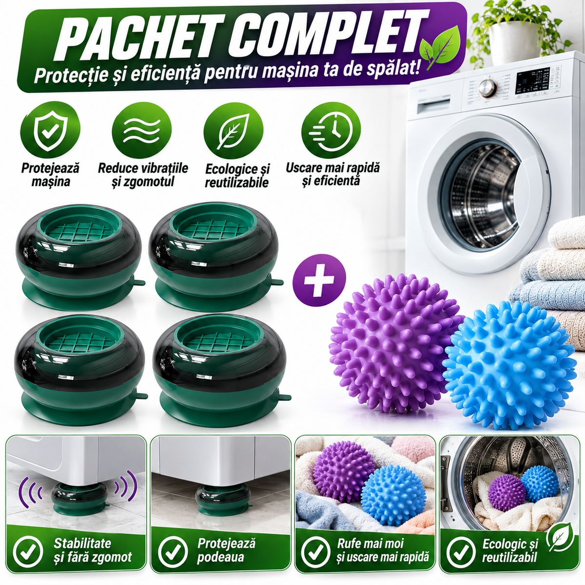 Pachet Masina de Spalat 2-in-1 – Fara Vibratii + Uscare Mai Rapida | 4 Picioruse + 2 Bile Ecologice