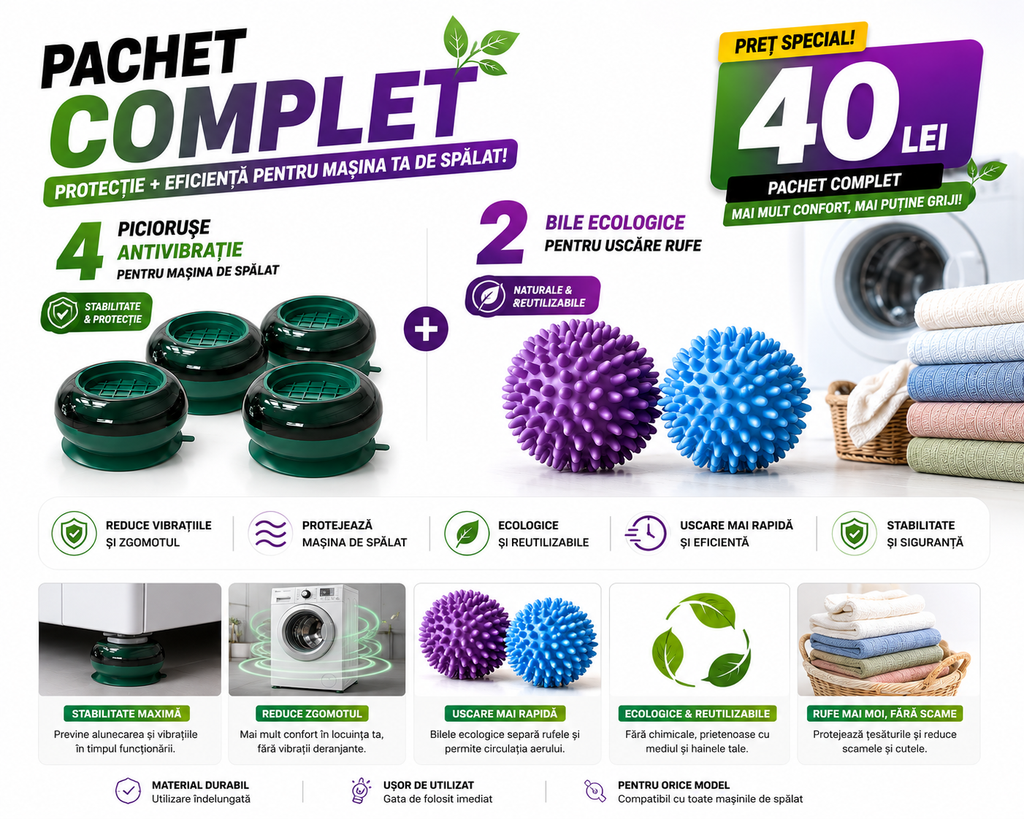 Pachet Masina de Spalat 2-in-1 – Fara Vibratii + Uscare Mai Rapida | 4 Picioruse + 2 Bile Ecologice