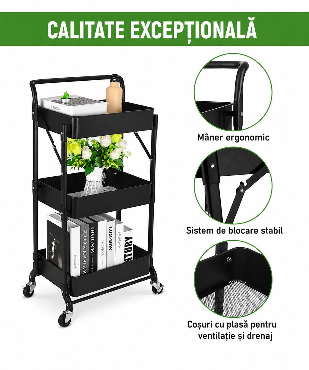 Raft metalic pliabil, 3 rafturi, roți pivotante cu blocare, capacitate 30 kg, fără montaj, negru