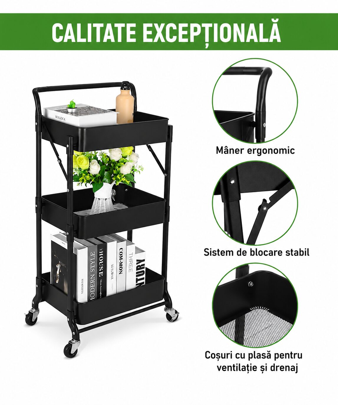 Raft metalic pliabil, 3 rafturi, roți pivotante cu blocare, capacitate 30 kg, fără montaj, negru