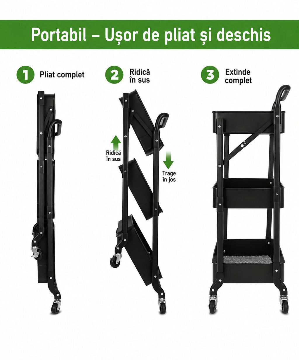 Raft metalic pliabil, 3 rafturi, roți pivotante cu blocare, capacitate 30 kg, fără montaj, negru