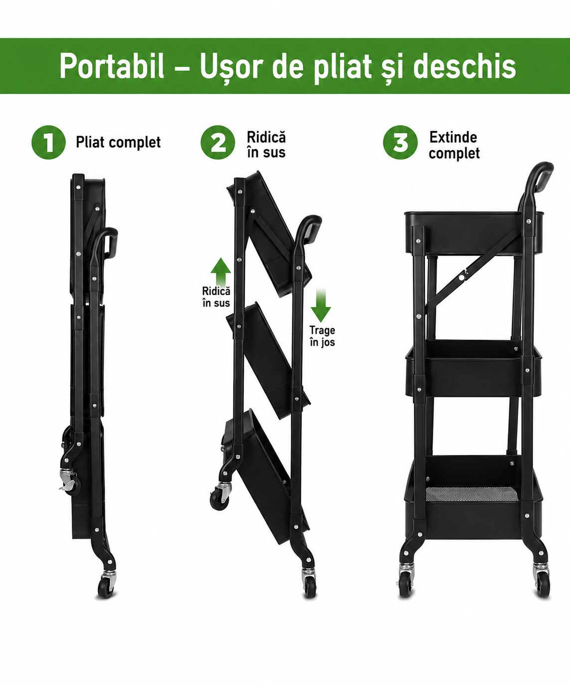 Raft metalic pliabil, 3 rafturi, roți pivotante cu blocare, capacitate 30 kg, fără montaj, negru