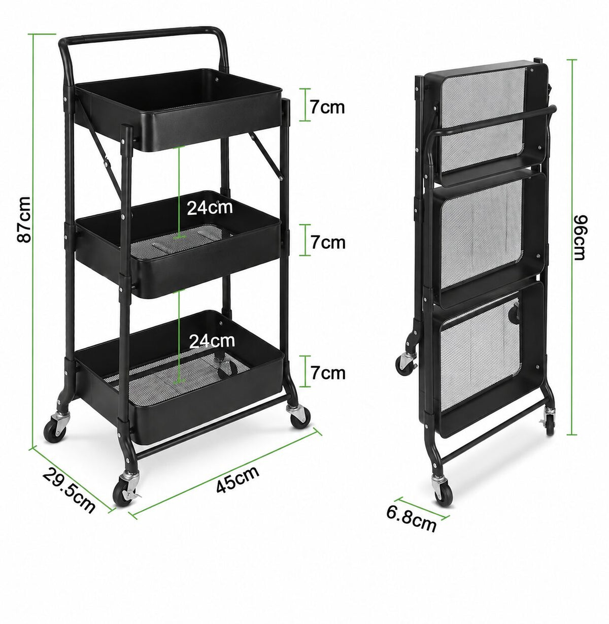 Raft metalic pliabil, 3 rafturi, roți pivotante cu blocare, capacitate 30 kg, fără montaj, negru