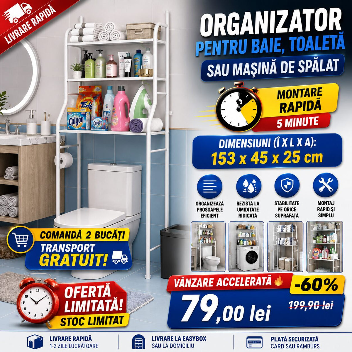 Raft Depozitare Metalic Deasupra Toaletei - 3 Polite Reglabile, Alb