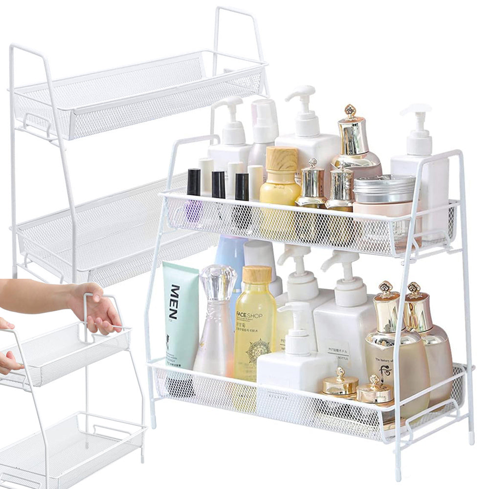 Suport organizator de bucatarie cu 2 rafturi metalice loft pentru condimente si accesorii, alb