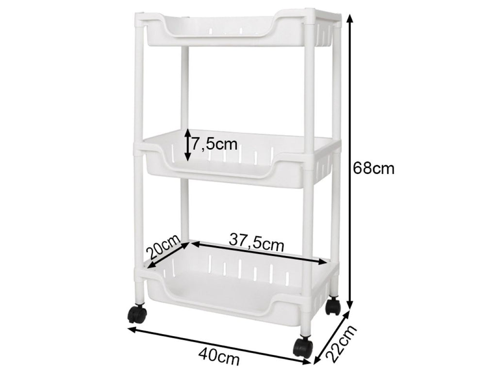 Raft Mobil 3 Niveluri, Alb, Cu Roti si Carlige, Depozitare Baie/Bucatarie,15kg 68x40x22cm