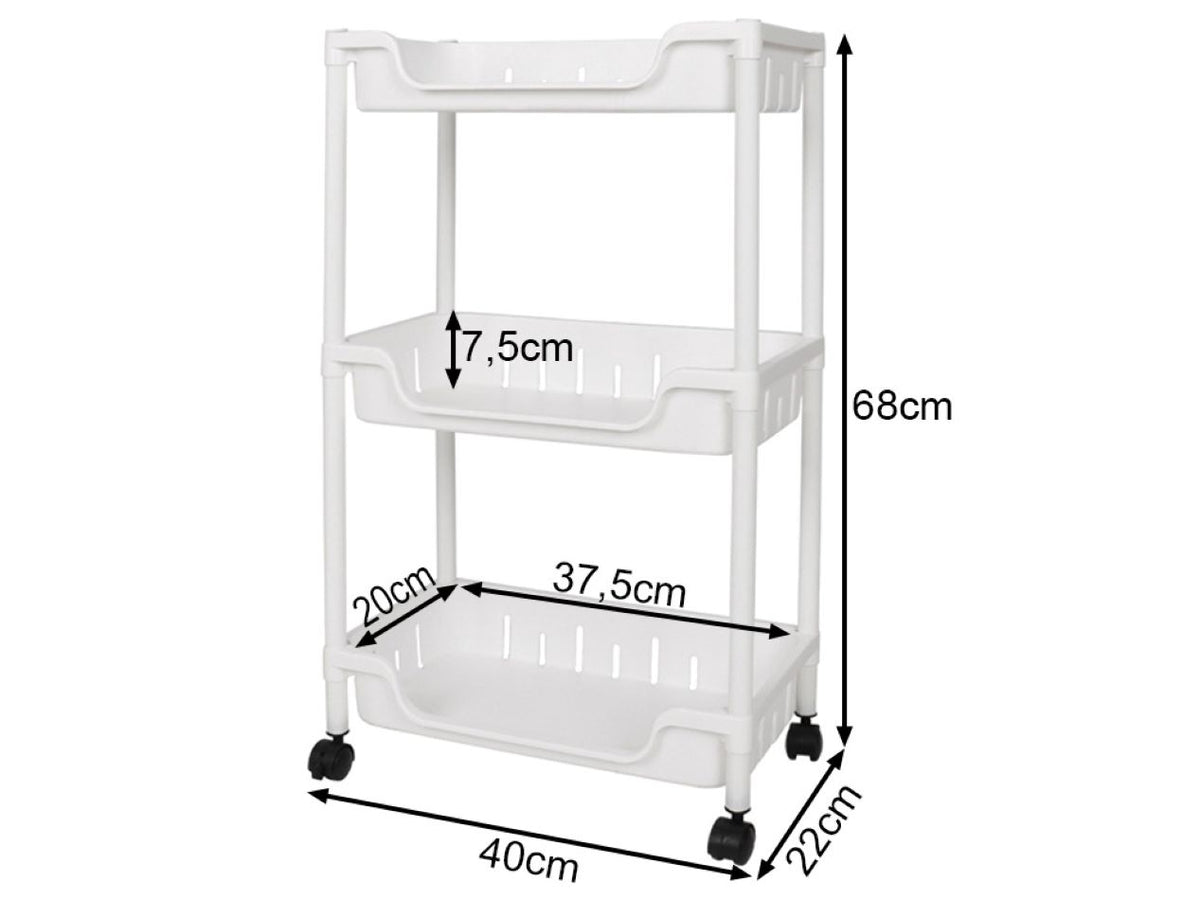 Raft Mobil 3 Niveluri, Alb, Cu Roti si Carlige, Depozitare Baie/Bucatarie,15kg 68x40x22cm