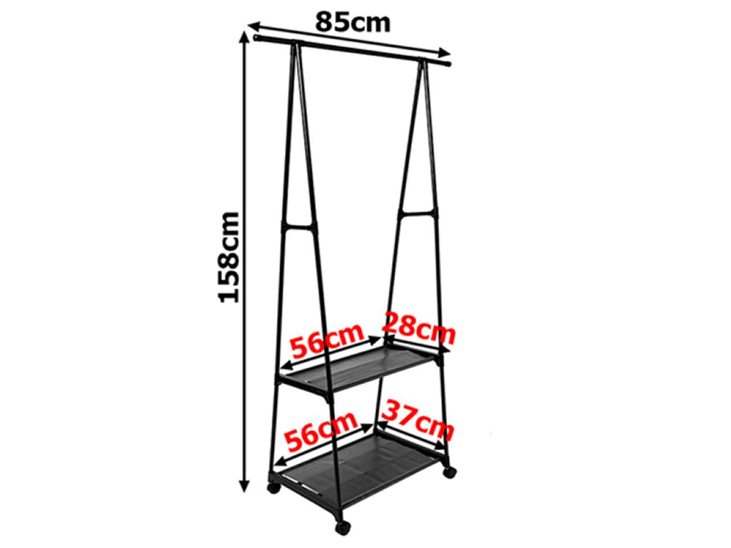 Suport triunghi pentru haine si umerase cu 2 rafturi inferioare 160x55x42cm