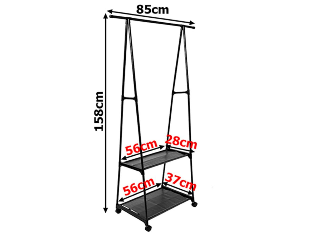 Suport triunghi pentru haine si umerase cu 2 rafturi inferioare 160x55x42cm