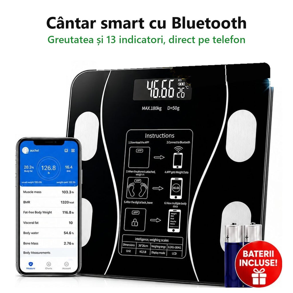 Cantar corporal inteligent Bluetooth cu aplicatie, de baie, electronic, sticla securizata, afisaj LCD, design elegant, smart
